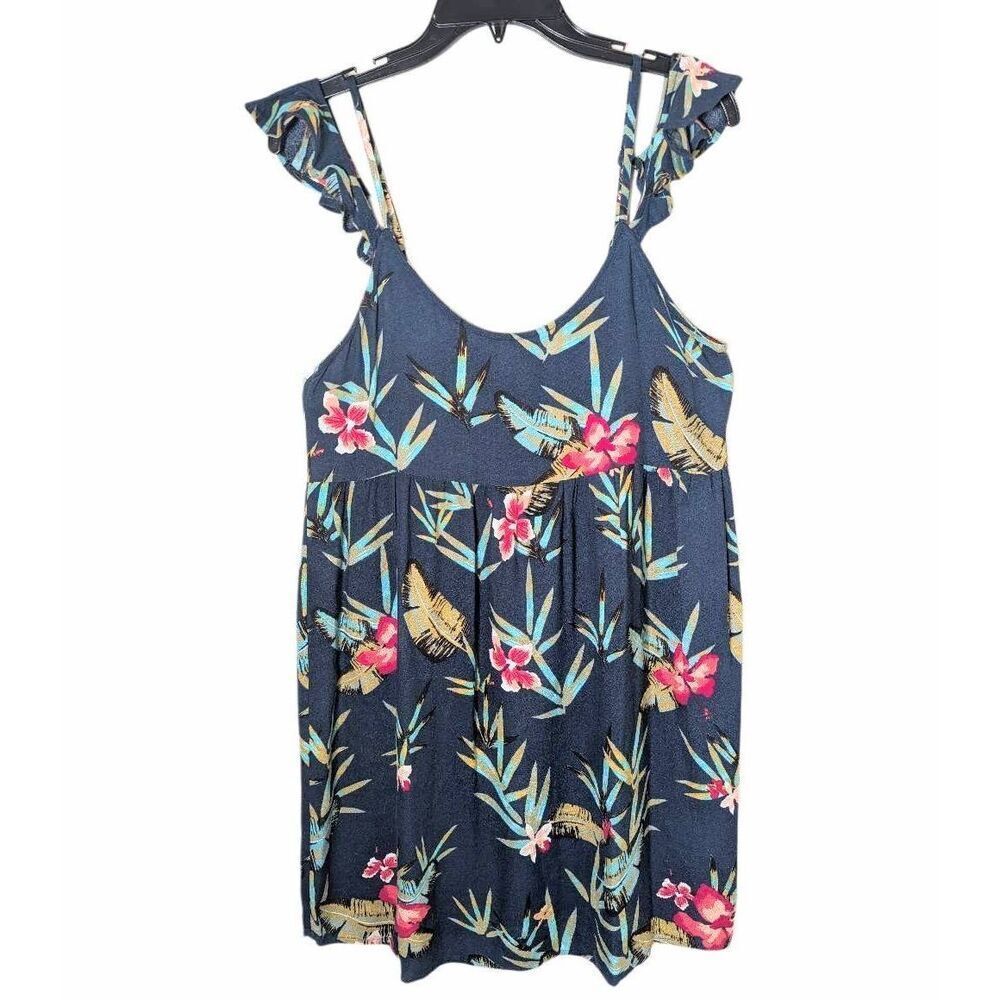 Roxy Navy Bird of Paradise Tropical floral cold shoulder ruffle mini dress M - Picture 2 of 6